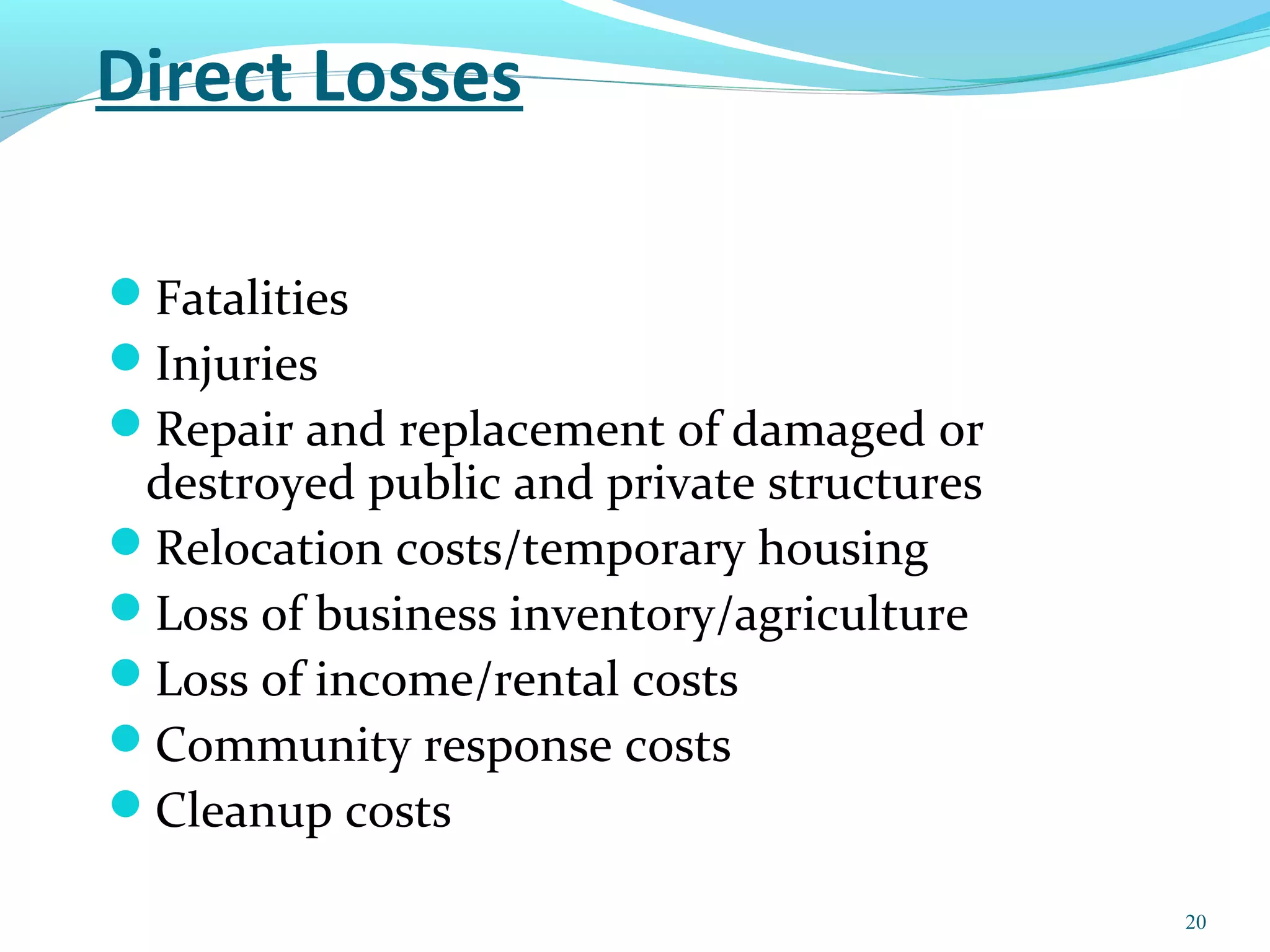 Direct Losses
Fatalities
Injuries
Repair and replacement of damaged or
destroyed public and private structures
Relocation costs/temporary housing
Loss of business inventory/agriculture
Loss of income/rental costs
Community response costs
Cleanup costs
20
 