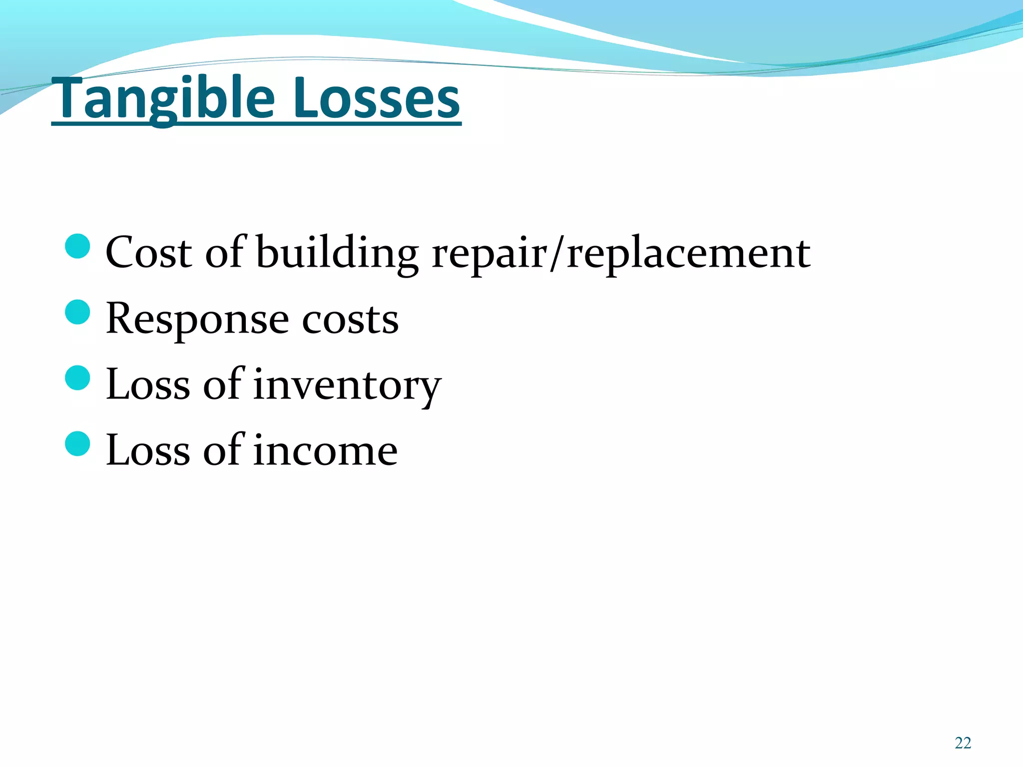 Tangible Losses
Cost of building repair/replacement
Response costs
Loss of inventory
Loss of income
22
 