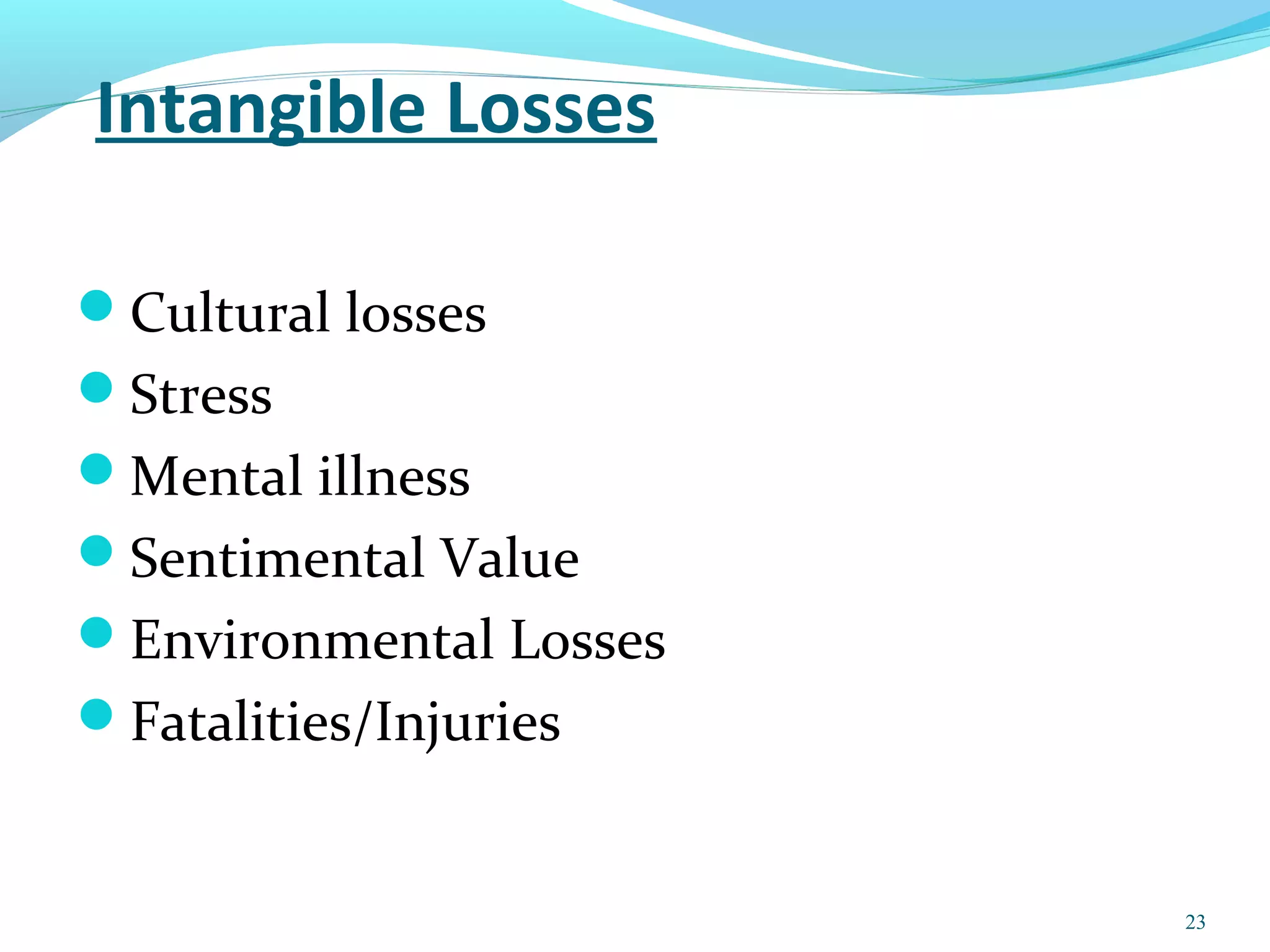 Intangible Losses
Cultural losses
Stress
Mental illness
Sentimental Value
Environmental Losses
Fatalities/Injuries
23
 