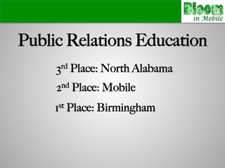 Public Relations Education!
3rd Place: North Alabama
2nd Place: Mobile
1st Place: Birmingham!
 