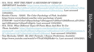Bibliography
• N/A. (N/A). WHY THE FIRST 15 SECONDS OF VIDEO IS
IMPORTANT. Available: https://www.stmedia.co.uk/faqs/first-15-seconds-of-
video/#:~:text=The%20first%2015%20seconds%20of%20video%20is%20your%20op
portunity%20to,a%20reason%20to%20continue%20watching. Last accessed
13/04/2021.
• Kendra Cherry . (2020). The Color Psychology of Pink. Available:
https://www.verywellmind.com/the-color-psychology-of-pink-
2795819#:~:text=Color%20psychology%20suggests%20that%20different,all%20thi
ngs%20feminine%20and%20girly. Last accessed 13/04/2021.
• N/A. (N/A). What Different Types Of Fonts Mean And How To Use
Them. Available: https://digitalsynopsis.com/design/font-psychology-
emotions/#:~:text=Serif%20fonts%20portray%20tradition%2C%20sophistication,%
2C%20classic%2C%20stylish%20and%20formal. Last accessed 13/04/2021.
• Tom Mcclusky. (2020). My 2021 Formula 1 Season Predictions. Available:
https://www.youtube.com/watch?v=TYx2C8NjDXs&t=1s. Last accessed 13/04/2021.
 