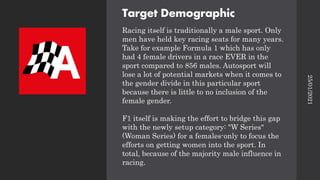 Target Demographic
Racing itself is traditionally a male sport. Only
men have held key racing seats for many years.
Take for example Formula 1 which has only
had 4 female drivers in a race EVER in the
sport compared to 856 males. Autosport will
lose a lot of potential markets when it comes to
the gender divide in this particular sport
because there is little to no inclusion of the
female gender.
F1 itself is making the effort to bridge this gap
with the newly setup category: "W Series"
(Woman Series) for a females-only to focus the
efforts on getting women into the sport. In
total, because of the majority male influence in
racing.
25/01/2021
 