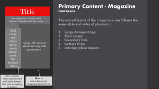 Primary Content - Magazine
Front Covers
The overall layout of the magazine cover follows the
same style and order of placement.
1. Large Autosport logo
2. Main image
3. Secondary title
4. tertiary titles
5. enticing yellow teasers
Title
Image, off centre to
allows tertiary title
placements
Secondary title which could
interact visually with the image
And
areas
not
taken
up by
main
image
used
for
tertiary
titles
Also, tertiary
titles can interact
with main image,
like text wrapping
or layers.
How to
make Autosport
magazine front cover.
 
