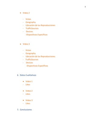 3
Video 2
- Vistas
- Geography
- Ubicación de las Reproducciones
- TrafficSources
- Devices
-Dispositivos Específicos
Video 3
- Vistas
- Geography
- Ubicación de las Reproducciones
- TrafficSources
- Devices
-Dispositivos Específicos
6. Datos Cualitativos
Video 1
- Likes
Video 2
- Likes
Video 3
- Likes
7. Conclusiones
 