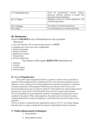 13 % Standard Grey Good for postoperative cataract surgery,
glaucoma sufferers, diabetics or people who
have had corneal transplants.
65 % Yellow Heightens contrast in retinitis pigmentosa, and
macular degeneration.
49 % Orange For sufferers of retinitis pigmentosa.
44 % Red For achromatopsia or rod monochromacy
III. Illumination
Need for HIGHER levels of illumination are seen in patients
Who have?
a. Lost cone functions, like in macular degeneration or ARMD
b. Damaged nerve fibers layers like in glaucoma
c. Diabetic retinopathy
d. Patients on miotics
e. Degenerative myopia
f. Chorioretinitis
g. Retinitis pigmentosa
Eye diseases which require REDUCED illumination are:
a. Albinism
b. Aniridia
c. Corneal opacity
d Achromatopsia
IV. Use of Magnification
In the earlier stage of peripheral field loss, a patient’s central vision is generally no
impaired. When reading, therefore, nothing more than a low-powered reading lens may be
required. A cases of glaucoma or retinitis pigmentosa as the disease progresses, resulting in
increased constriction of the peripheral field along with reduced central vision, a low-
powered reading lenses may no longer be sufficient. If the patient now requires high powered
reading lens to read, he/she is told to hold the lens as closer at a much closer distance
The use of handheld and stand magnifiers should be investigated if reading lenses are not
accepted by the patient. When using magnifiers, the patient must be instructed to adjust
overhead illumination or angle the magnifier to avoid reflections from front surface of the
magnifier
The use of electric or projection-type magnification such as a CCTV, for writing, reading,
and other tasks is a major consideration for patients with peripheral field constrictions.
V. Field enhancement techniques
1. Fresnel Prisms
2. Semi reflective mirror
 