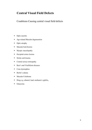 Central Visual Field Defects
Conditions Causing central visual field defects
 Optic neuritis
 Age related Macular degeneration
 Optic atrophy
 Macular hole/lesions
 Myopic maculopathy
 Occipital cortex lesions
 Stroke and trauma
 Central serous retinopathy
 Best’s and Vitelliform diseases
 Cone dystrophies
 Berlin’s edema
 Macular Coloboma
 Drug e.g. ethanol, lead, methanol, syphilis,
 Glaucoma
6
 