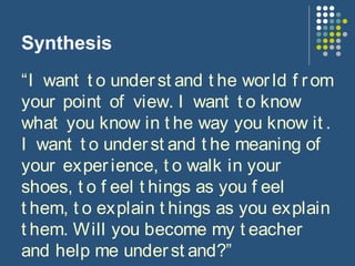 Synthesis
“I want t o underst and t he world f rom
your point of view. I want t o know
what you know in t he way you know it .
I want t o underst and t he meaning of
your experience, t o walk in your
shoes, t o f eel t hings as you f eel
t hem, t o explain t hings as you explain
t hem. Will you become my t eacher
and help me underst and?” 
 