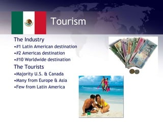 Tourism
The Industry
•#1 Latin American destination
•#2 Americas destination
•#10 Worldwide destination
The Tourists
•Majority U.S. & Canada
•Many from Europe & Asia
•Few from Latin America
 