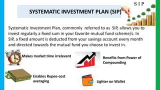 SYSTEMATIC INVESTMENT PLAN (SIP)
Systematic Investment Plan, commonly referred to as SIP, allows you to
invest regularly a...