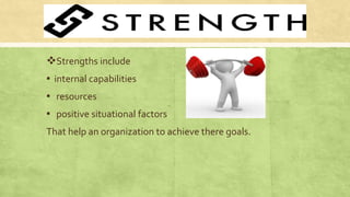 Strengths include
▪ internal capabilities
▪ resources
▪ positive situational factors
That help an organization to achieve there goals.
 