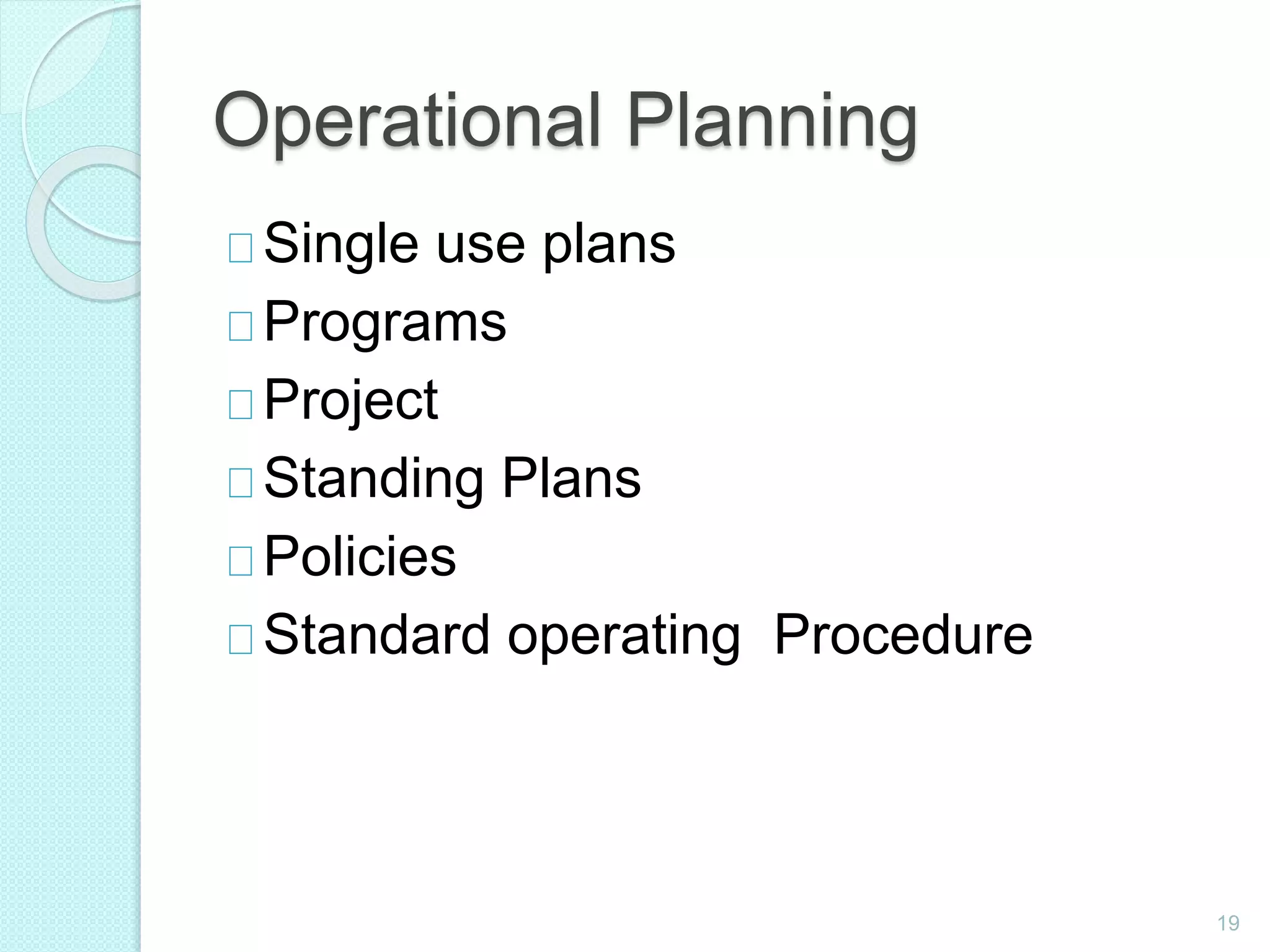 Operational Planning
Single use plans
Programs
Project
Standing Plans
Policies
Standard operating Procedure
19
 