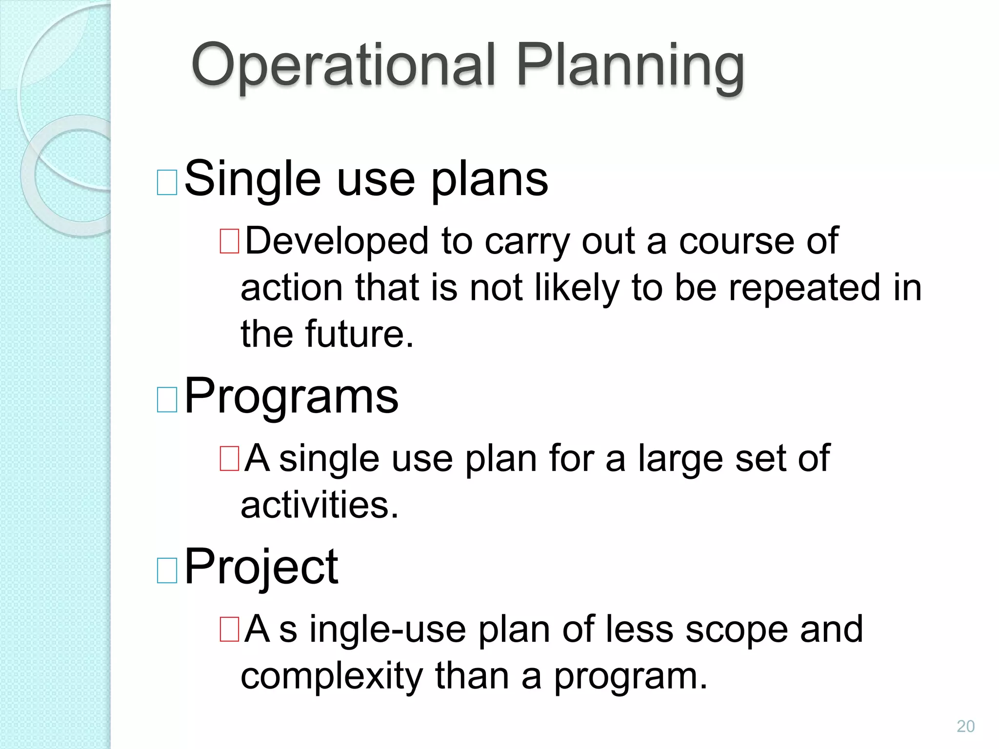 Operational Planning
Single use plans
Developed to carry out a course of
action that is not likely to be repeated in
the future.
Programs
A single use plan for a large set of
activities.
Project
A s ingle-use plan of less scope and
complexity than a program.
20
 