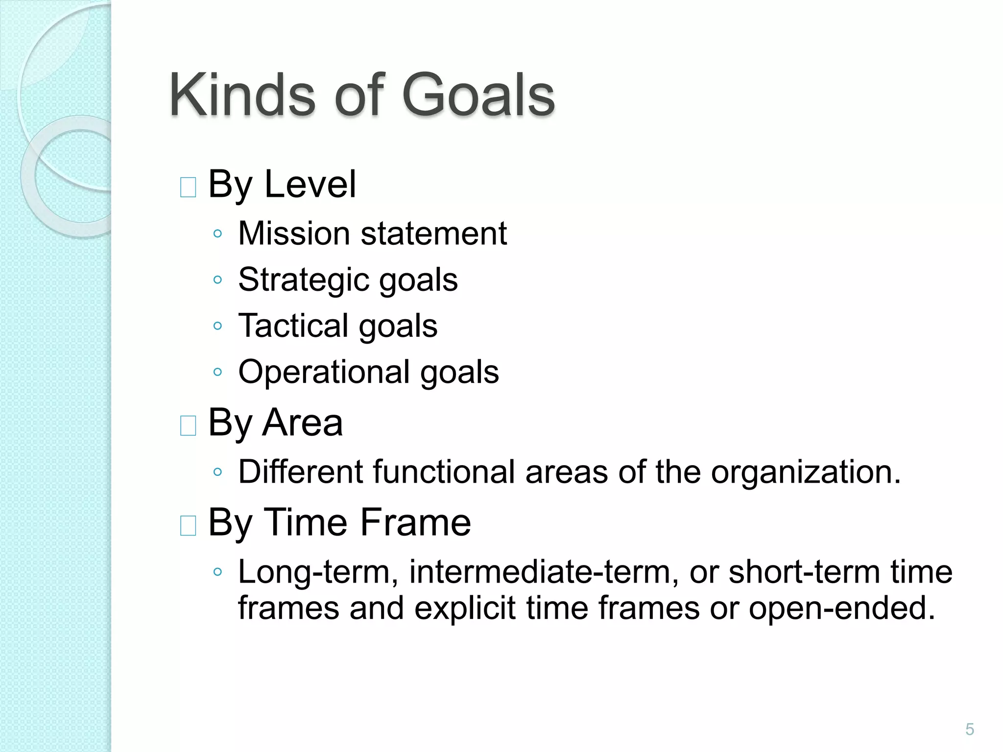5
Kinds of Goals
By Level
◦ Mission statement
◦ Strategic goals
◦ Tactical goals
◦ Operational goals
By Area
◦ Different functional areas of the organization.
By Time Frame
◦ Long-term, intermediate-term, or short-term time
frames and explicit time frames or open-ended.
 