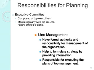 15
Responsibilities for Planning
Executive Committee
◦ Composed of top executives.
◦ Meets regularly with the CEO to
review strategic plans.
 Line Management
 Have formal authority and
responsibility for management of
the organization.
 Help to formulate strategy by
providing information.
 Responsible for executing the
plans of top management.
 