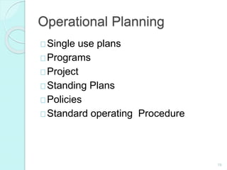 Operational Planning
Single use plans
Programs
Project
Standing Plans
Policies
Standard operating Procedure
19
 