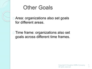 Copyright © Houghton Mifflin Company.
All rights reserved.
7 -
7
Other Goals
Area: organizations also set goals
for different areas.
Time frame: organizations also set
goals across different time frames.
 