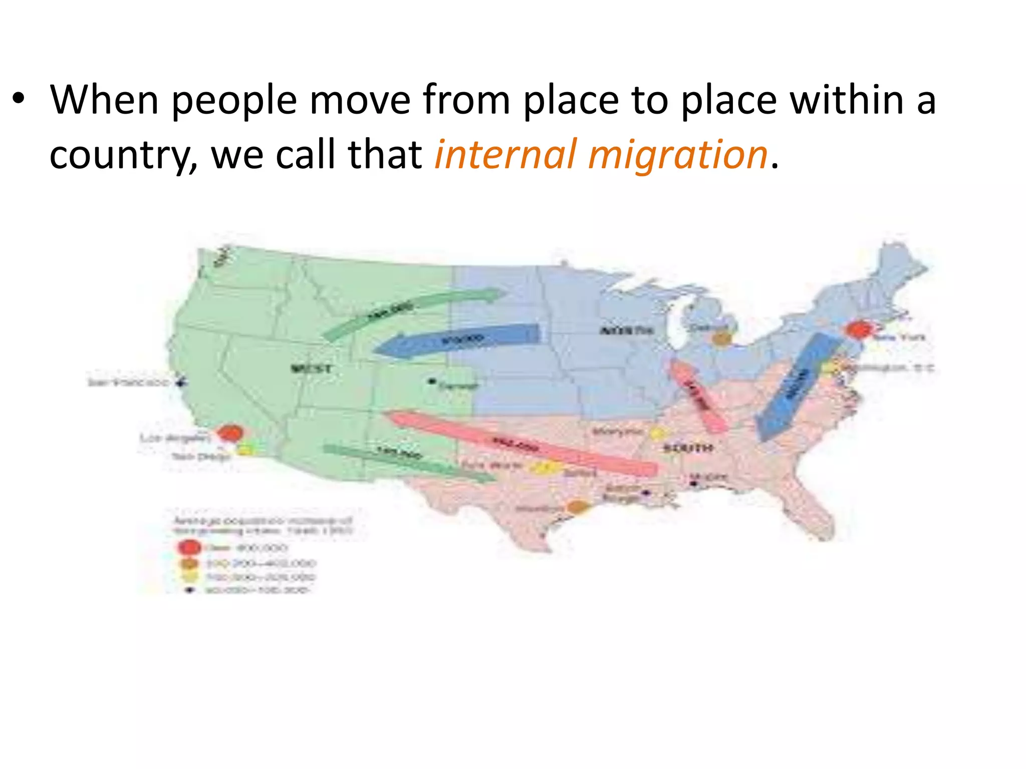 • When people move from place to place within a
country, we call that internal migration.
 