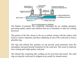 The blanket of granular flux completely submerges the arc welding operation,
preventing sparks, spatter and radiation that are so hazardous in other arc welding
processes.
The portion of the flux closest to the arc is melted, mixing with the molten weld
metal to remove impurities and then solidifying on top of the weld joint to form a
glasslike slag.
The slag and infused flux granules on top provide good protection from the
atmosphere and good thermal insulation for the weld area. This result in relatively
slow cooling and a high-quality weld joint.
The infused flux remaining after welding can be recovered and reused. The solid
slag covering the weld must be chipped away usually by manual means.
 
