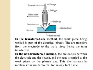 • In the transferred-arc method, the work piece being
welded is part of the electrical circuit. The arc transfers
from the electrode to the work piece hence the term
transferred.
• In the non-transferred method, the arc occurs between
the electrode and the nozzle, and the heat is carried to the
work piece by the plasma gas. This thermal-transfer
mechanism is similar to that for an oxy fuel flame.
 