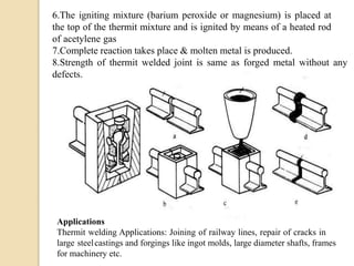 6.The igniting mixture (barium peroxide or magnesium) is placed at
the top of the thermit mixture and is ignited by means of a heated rod
of acetylene gas
7.Complete reaction takes place & molten metal is produced.
8.Strength of thermit welded joint is same as forged metal without any
defects.
Applications
Thermit welding Applications: Joining of railway lines, repair of cracks in
large steelcastings and forgings like ingot molds, large diameter shafts, frames
for machinery etc.
 