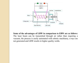 Some of the advantages of LBW in comparison to EBW are as follows:
The laser beam can be transmitted through air rather than requiring a
vacuum, the process is easily automated with robotic machinery, x-rays are
not generated and LBW results in higher quality welds.
 