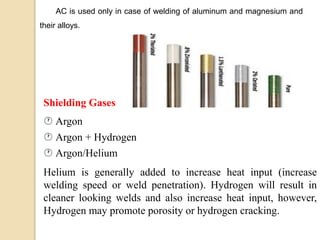 AC is used only in case of welding of aluminum and magnesium and
their alloys.
Shielding Gases
 Argon
 Argon + Hydrogen
 Argon/Helium
Helium is generally added to increase heat input (increase
welding speed or weld penetration). Hydrogen will result in
cleaner looking welds and also increase heat input, however,
Hydrogen may promote porosity or hydrogen cracking.
 