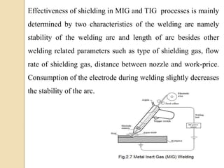 Effectiveness of shielding in MIG and TIG processes is mainly
determined by two characteristics of the welding arc namely
stability of the welding arc and length of arc besides other
welding related parameters such as type of shielding gas, flow
rate of shielding gas, distance between nozzle and work-price.
Consumption of the electrode during welding slightly decreases
the stability of the arc.
 