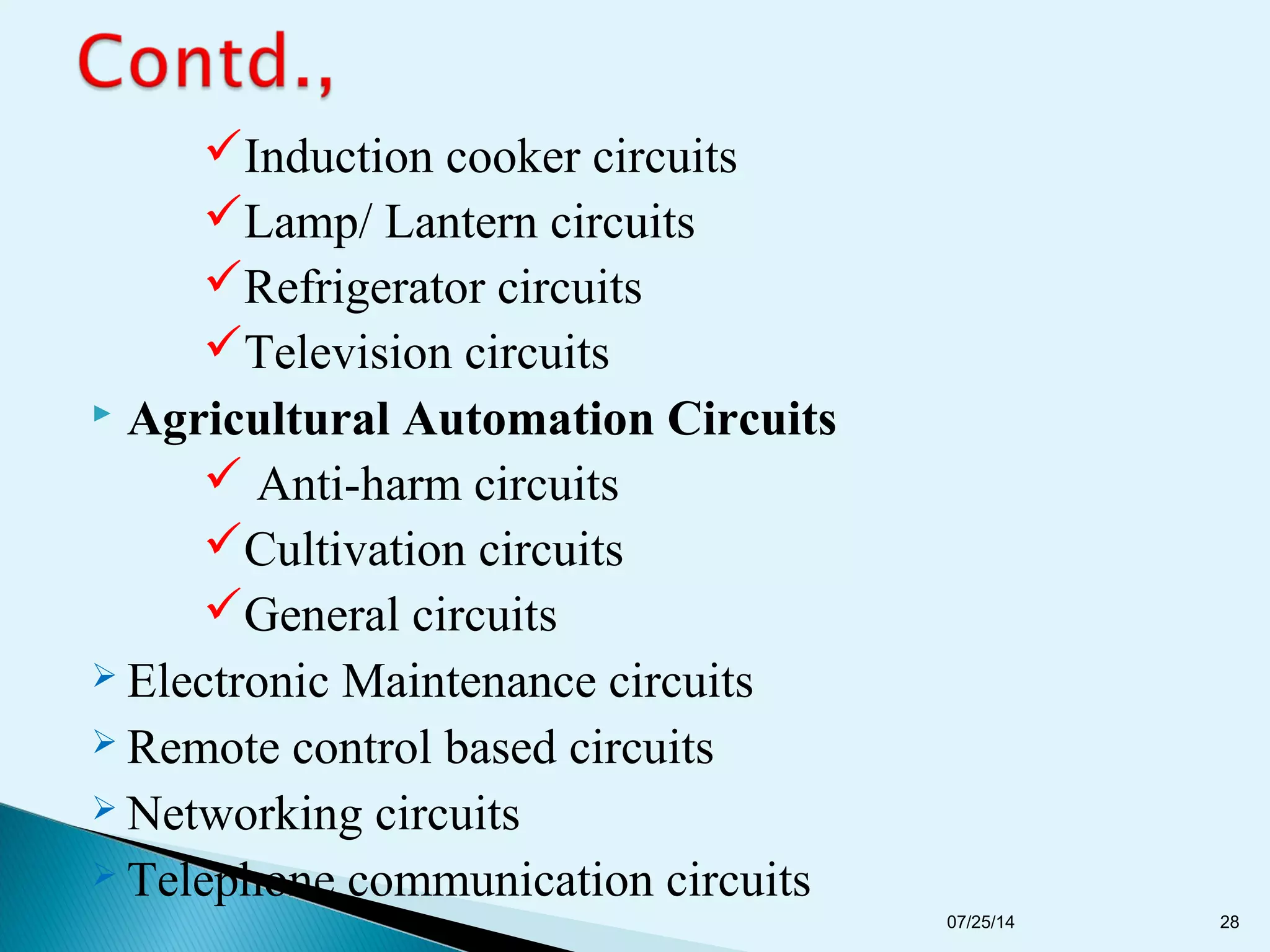 Induction cooker circuits
Lamp/ Lantern circuits
Refrigerator circuits
Television circuits
 Agricultural Automation Circuits
 Anti-harm circuits
Cultivation circuits
General circuits
 Electronic Maintenance circuits
 Remote control based circuits
 Networking circuits
 Telephone communication circuits
07/25/14 28
 