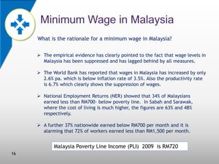 What is the rationale for a minimum wage in Malaysia?
 The empirical evidence has clearly pointed to the fact that wage levels in
Malaysia has been suppressed and has lagged behind by all measures.

 The World Bank has reported that wages in Malaysia has increased by only
2.6% pa. which is below inflation rate of 3.5%. Also the productivity rate
is 6.7% which clearly shows the suppression of wages.
 National Employment Returns (NER) showed that 34% of Malaysians
earned less than RM700- below poverty line. In Sabah and Sarawak,
where the cost of living is much higher, the figures are 63% and 48%
respectively.
 A further 37% nationwide earned below RM700 per month and it is
alarming that 72% of workers earned less than RM1,500 per month.

Malaysia Poverty Line Income (PLI) 2009 is RM720
16

 