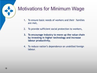 1. To ensure basic needs of workers and their families
are met,
2. To provide sufficient social protection to workers,
3. To encourage industry to move up the value chain
by investing in higher technology and increase
labour productivity,
4. To reduce nation’s dependence on unskilled foreign
labour.

18

 