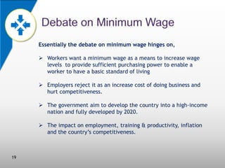 Essentially the debate on minimum wage hinges on,
 Workers want a minimum wage as a means to increase wage
levels to provide sufficient purchasing power to enable a
worker to have a basic standard of living
 Employers reject it as an increase cost of doing business and
hurt competitiveness.
 The government aim to develop the country into a high-income
nation and fully developed by 2020.
 The impact on employment, training & productivity, inflation
and the country’s competitiveness.

19

 