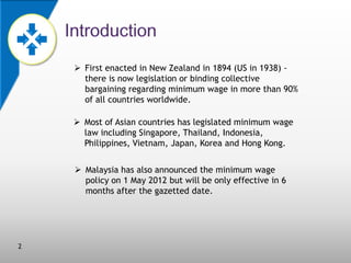  First enacted in New Zealand in 1894 (US in 1938) there is now legislation or binding collective
bargaining regarding minimum wage in more than 90%
of all countries worldwide.

 Most of Asian countries has legislated minimum wage
law including Singapore, Thailand, Indonesia,
Philippines, Vietnam, Japan, Korea and Hong Kong.
 Malaysia has also announced the minimum wage
policy on 1 May 2012 but will be only effective in 6
months after the gazetted date.

2

 