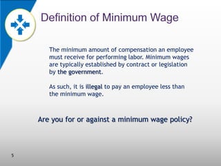 The minimum amount of compensation an employee
must receive for performing labor. Minimum wages
are typically established by contract or legislation
by the government.
As such, it is illegal to pay an employee less than
the minimum wage.

Are you for or against a minimum wage policy?

5

 