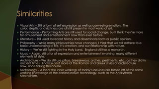    Visual Arts – Still a form of self expression as well as conveying emotion. The
    color, depth, and richness are all still present in most works of art.
   Performance – Performing Arts are still used for social change, but I think they’re more
    for amusement and entertainment now than ever before.
   Literature – Still used to record history and disseminate facts or public opinion.
   Philosophy – While many philosophies have changed, I think that we still adhere to a
    basic understanding of life, it’s creation, and our relationship with nature.
   History – We’re still fighting in the Holy Land. England still has a monarch.
   Music – Again, still a for of expression and entertainment involving many different
    elements of style.
   Architecture – We do still use pillars, breezeways, arches, pediments, etc., as they did in
    ancient times. I notice a lot more of the Roman and Greek styles of architecture
    now, since taking this course.
   Technology – A lot of the inner workings of today’s devices are based off of the same
    working knowledge of the earliest known technology, such as the Antikythera
    Mechanism.
 