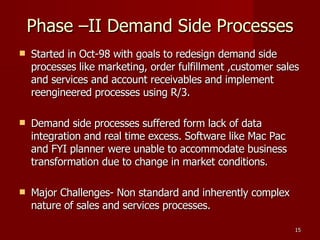 Phase –II Demand Side Processes Started in Oct-98 with goals to redesign demand side processes like marketing, order fulfillment ,customer sales and services and account receivables and implement reengineered processes using R/3.  Demand side processes suffered form lack of data integration and real time excess. Software like Mac Pac and FYI planner were unable to accommodate business transformation due to change in market conditions. Major Challenges- Non standard and inherently complex nature of sales and services processes. 