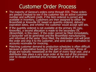 Customer Order Process The majority of Geneva’s orders come through EDI. These orders are passed checked to see if the customer has an active customer number and sufficient credit, if the item ordered is correct and available in inventory. Customers are then assigned to either the Broomfield or Knoxville DC based on quantity ordered, delivery expiration dates, and whether the customer would accept split lots.  If the quantity ordered is not available at the primary DC (say, Knoxville), a second allocation is made to the secondary DC (Broomfield, in this case). If the order cannot be filled immediately, a backorder will be generated and the Broomfield manufacturing unit informed of the same. Once filled, the distribution unit will print the order and ship it to the customer, and send order information to accounts receivable for invoicing. Matching customer demand to production schedules is often difficult because of speculative buying on the part of customers. Prices of drugs are typically reassessed at the start of every fiscal year, and a distributor may place a very large order at the end of the previous year to escape a potential price increase at the start of the next year 