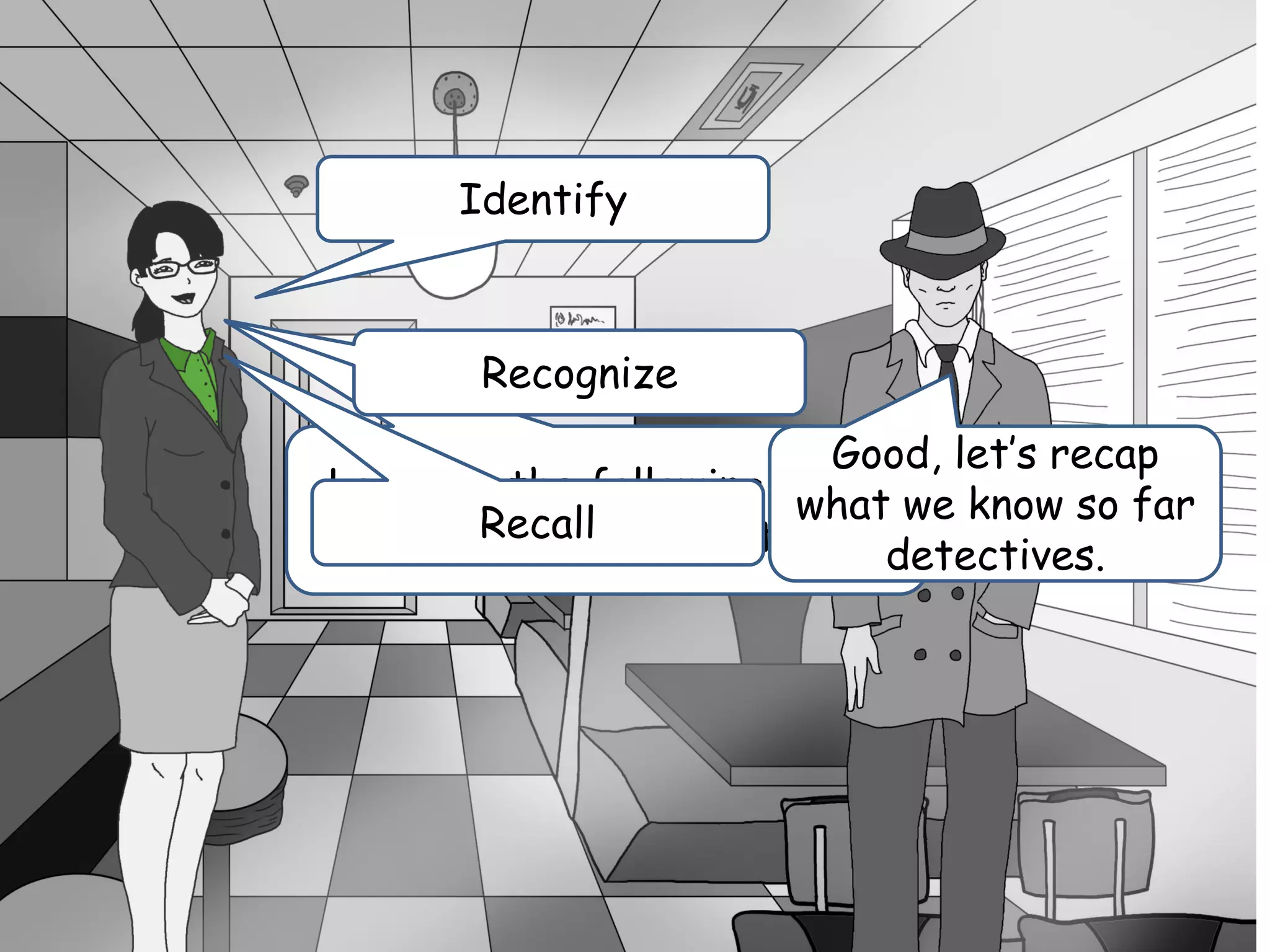 Look for the following verbs
in the learning objectives.
Identify
Recognize
Recall
Good, let’s recap
what we know so far
detectives.
 