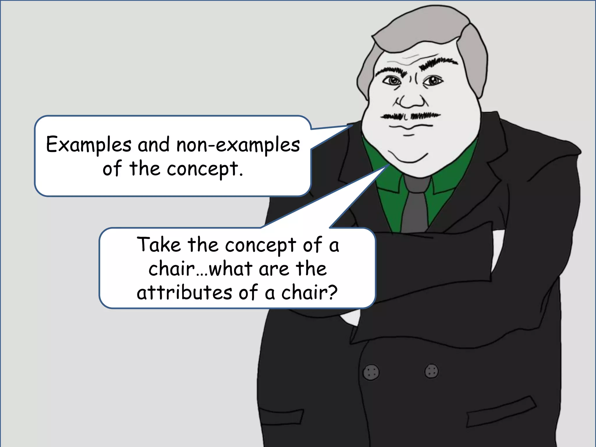 Examples and non-examples
of the concept.
Take the concept of a
chair…what are the
attributes of a chair?
 