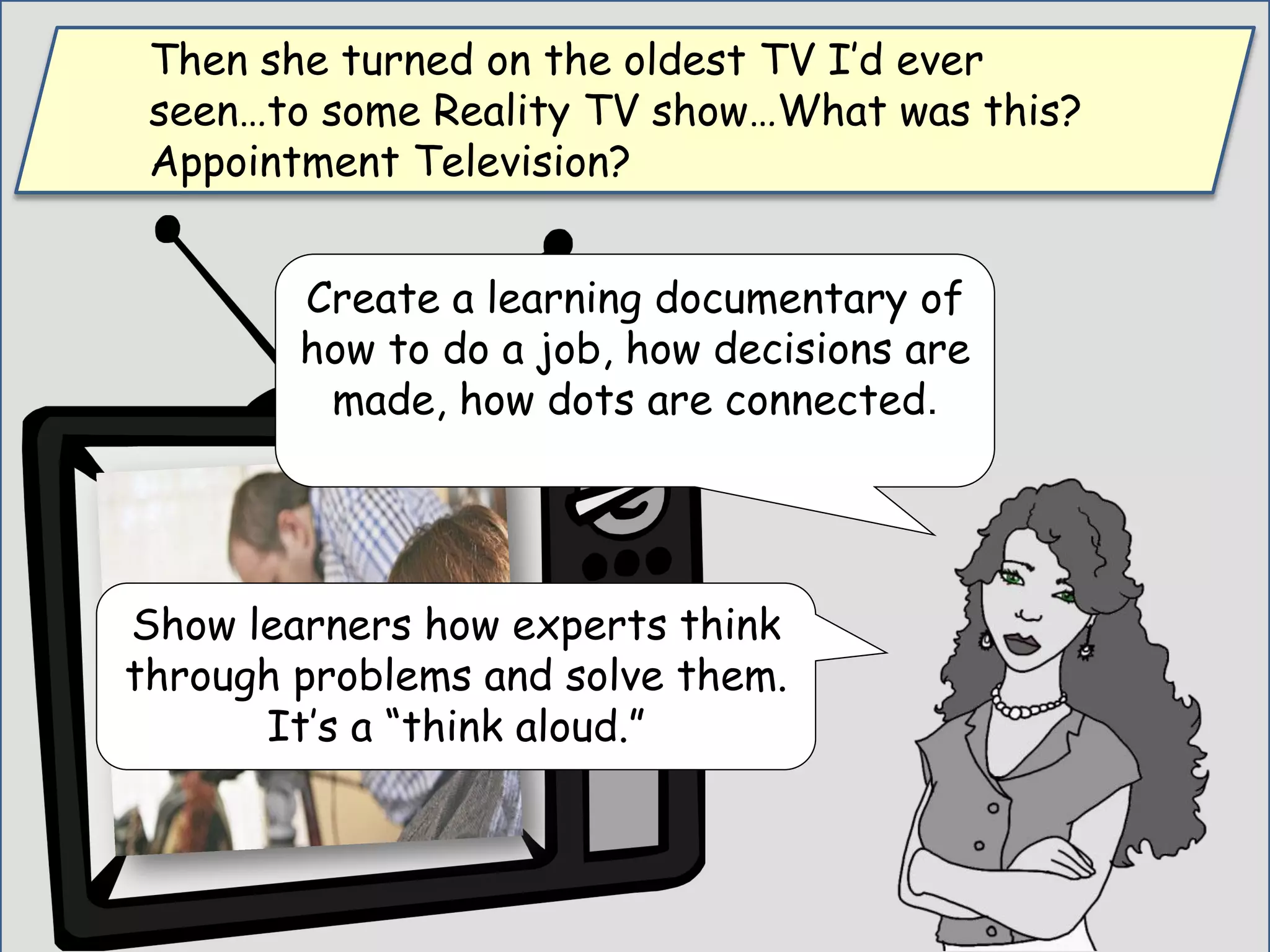 Create a learning documentary of
how to do a job, how decisions are
made, how dots are connected.
Then she turned on the oldest TV I’d ever
seen…to some Reality TV show…What was this?
Appointment Television?
Show learners how experts think
through problems and solve them.
It’s a “think aloud.”
 