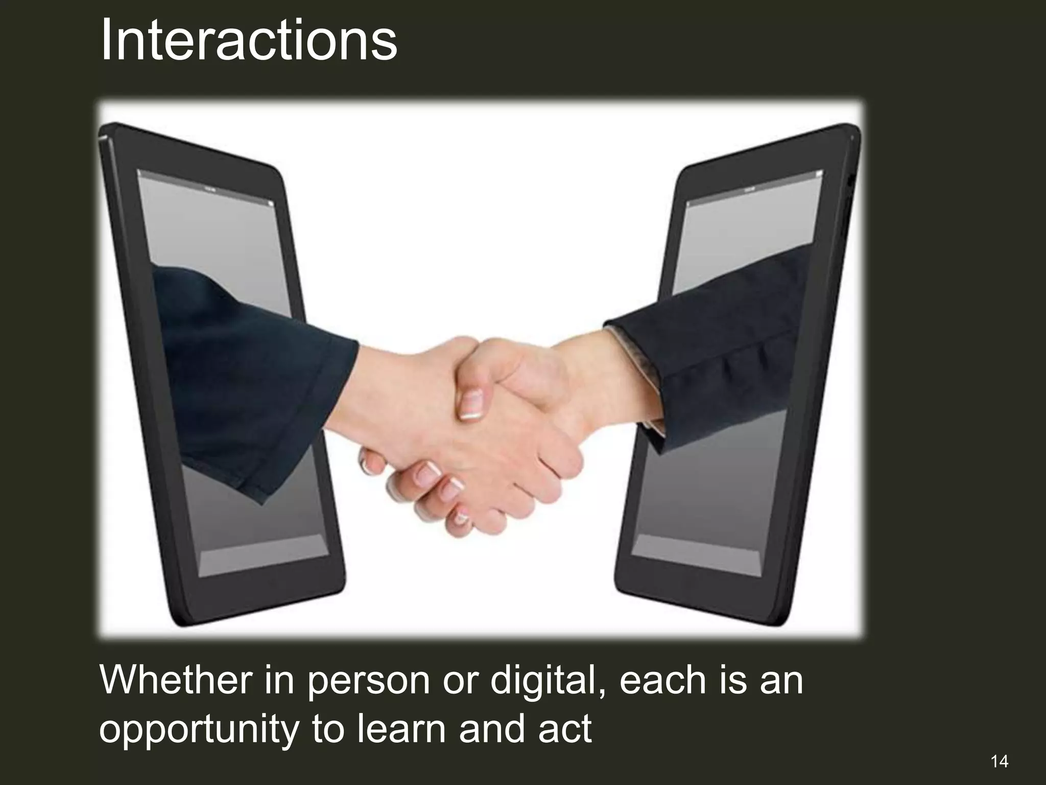 Interactions




Whether in person or digital, each is an
opportunity to learn and act
                                           14
 