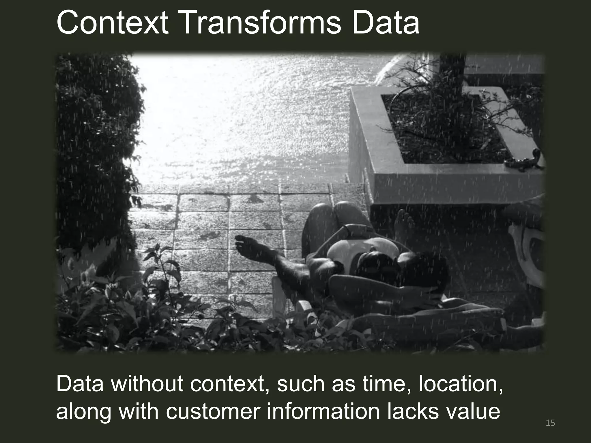 Context Transforms Data




Data without context, such as time, location,
along with customer information lacks value     15
 