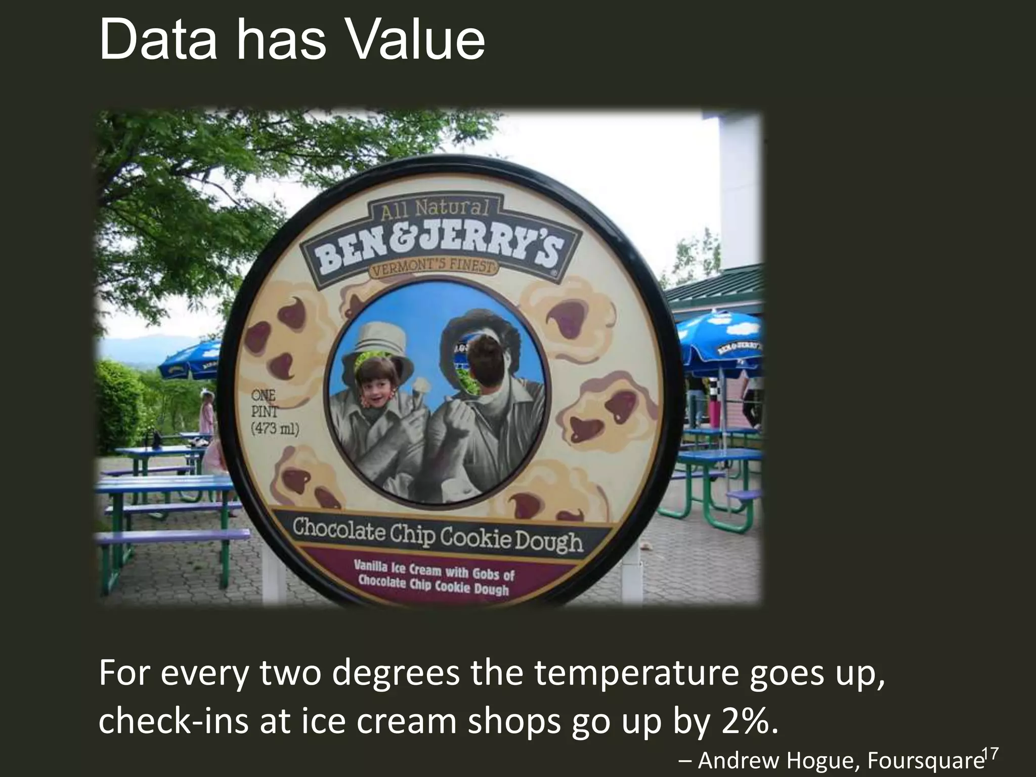 Data has Value




For every two degrees the temperature goes up,
check-ins at ice cream shops go up by 2%.
                                                           17
                                 – Andrew Hogue, Foursquare
 