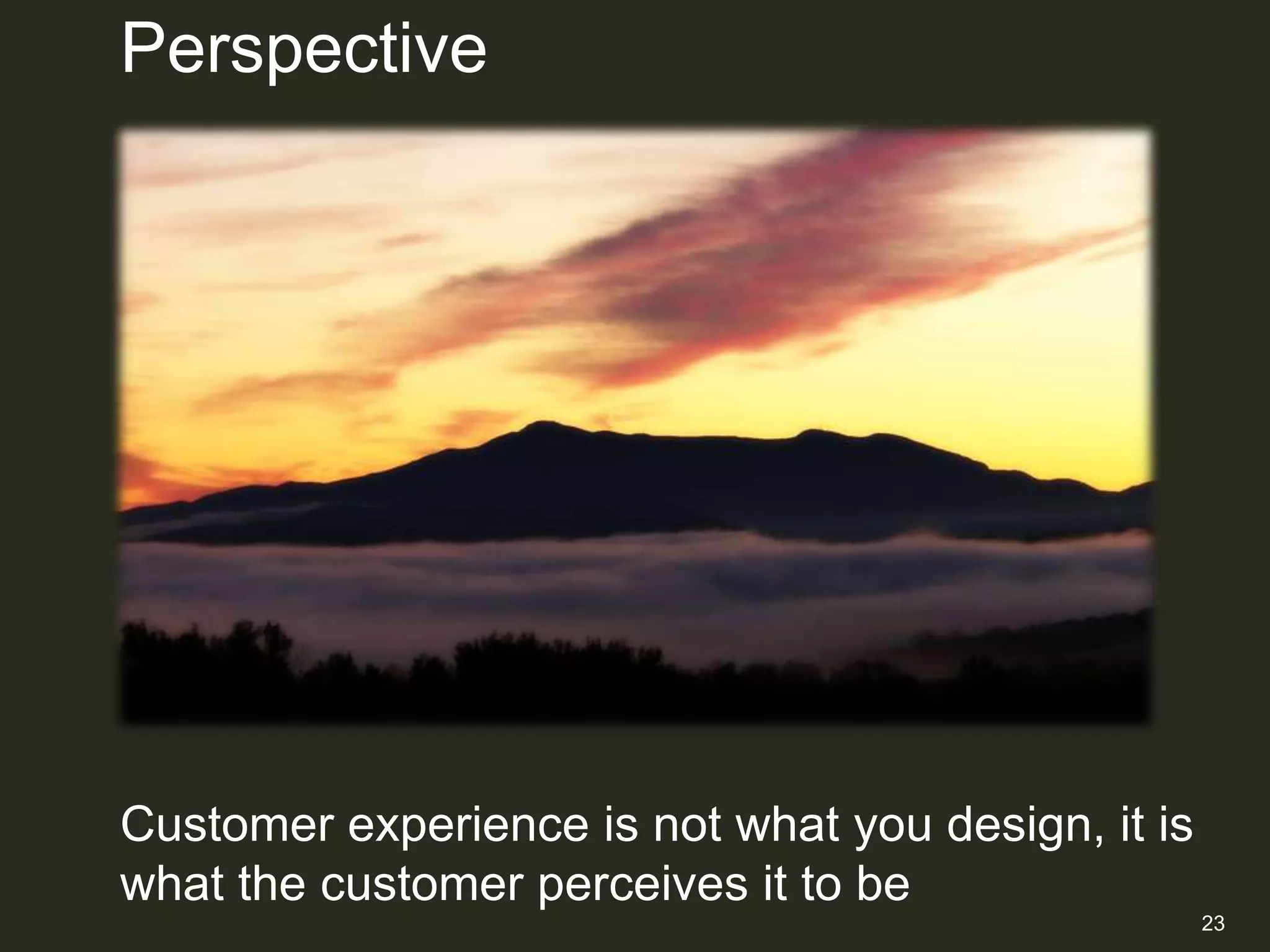 Perspective




Customer experience is not what you design, it is
what the customer perceives it to be
                                                    23
 