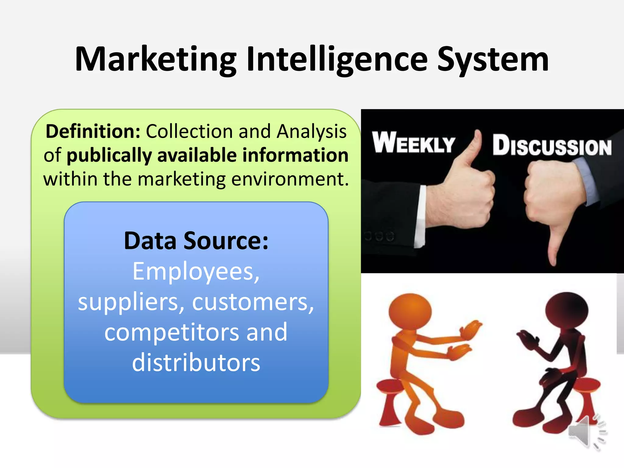 Working Mechanism of MKIS  Developing INFORMATIONDistributing OUTPUTINPUTGather DataDataInformationStrategic DecisionsMarketingEnvironmentMarkets ChannelsCompetitorsLawEconomyTechnologyInternal ReportSystemMarketing Research SystemControlDecisionsMarketing IntelligenceSystemMarketing ModelsOperationalDecisionsMarketing Decisions and Communications