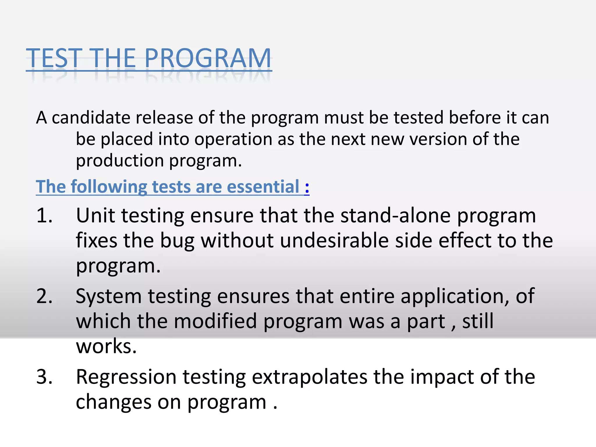 Done by the developers and not by end-users.Entry Criteria:♦ System Requirements are at least 80% complete and have been approved to-date. ♦ Technical Design has been finalized and approved. ♦ Code development for the module is complete. Exit Criteria:♦ No major or critical defects prevents any modules from moving to Integration Testing. ♦ Project Manager approval has been received. 
