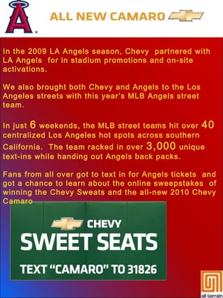 In the 2009 LA Angels season, Chevy partnered with
LA Angels for in stadium promotions and on-site
activations.
We also brought both Chevy and Angels to the Los
Angeles streets with this year’s MLB Angels street
team.
In just 6 weekends, the MLB street teams hit over 40
centralized Los Angeles hot spots across southern
California. The team racked in over 3,000 unique
text-ins while handing out Angels back packs.
Fans from all over got to text in for Angels tickets and
got a chance to learn about the online sweepstakes of
winning the Chevy Sweats and the all-new 2010 Chevy
Camaro
 