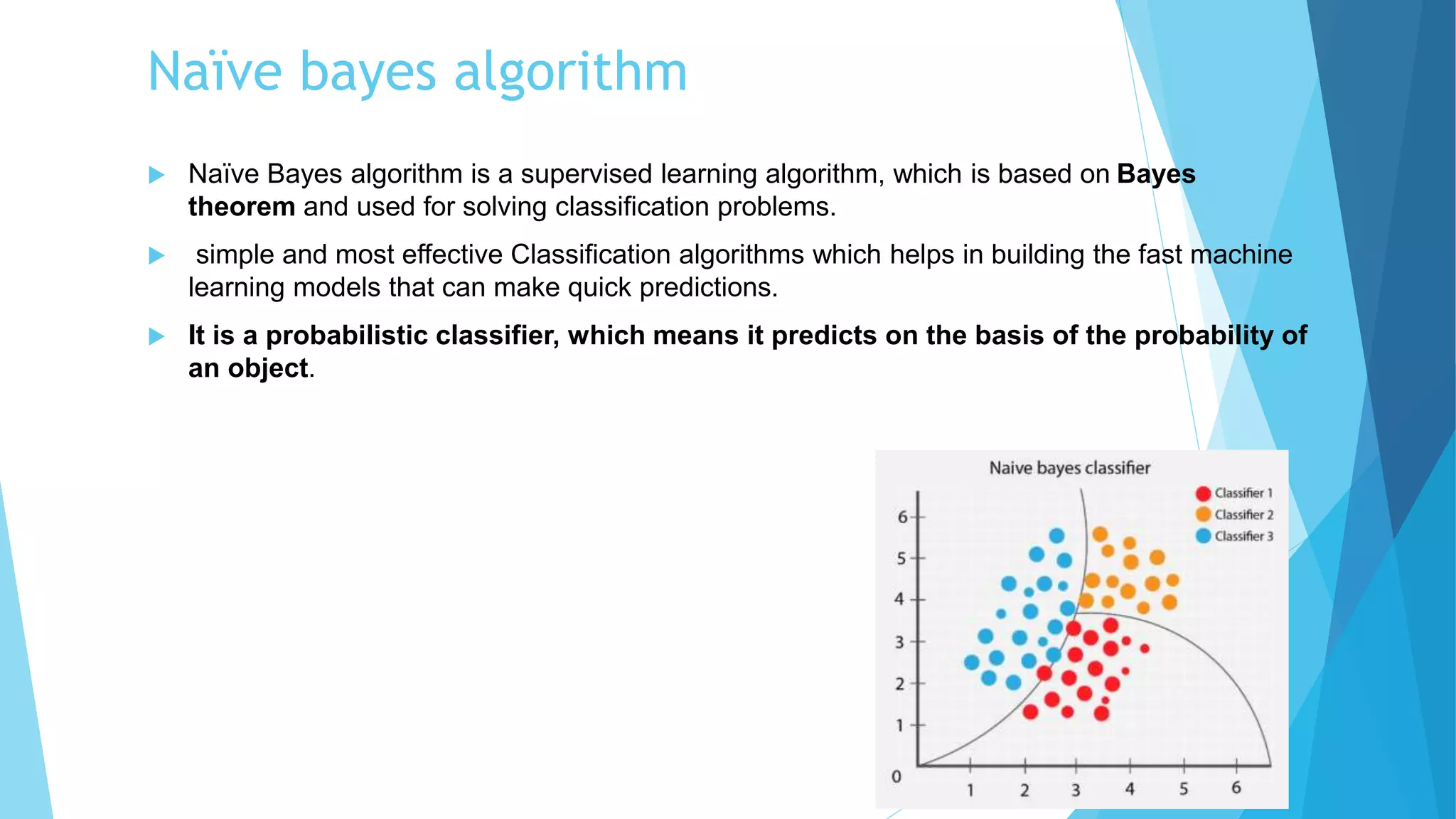 Naïve bayes algorithm
 Naïve Bayes algorithm is a supervised learning algorithm, which is based on Bayes
theorem and used for solving classification problems.
 simple and most effective Classification algorithms which helps in building the fast machine
learning models that can make quick predictions.
 It is a probabilistic classifier, which means it predicts on the basis of the probability of
an object.
Example:It is used for Credit Scoring.
 