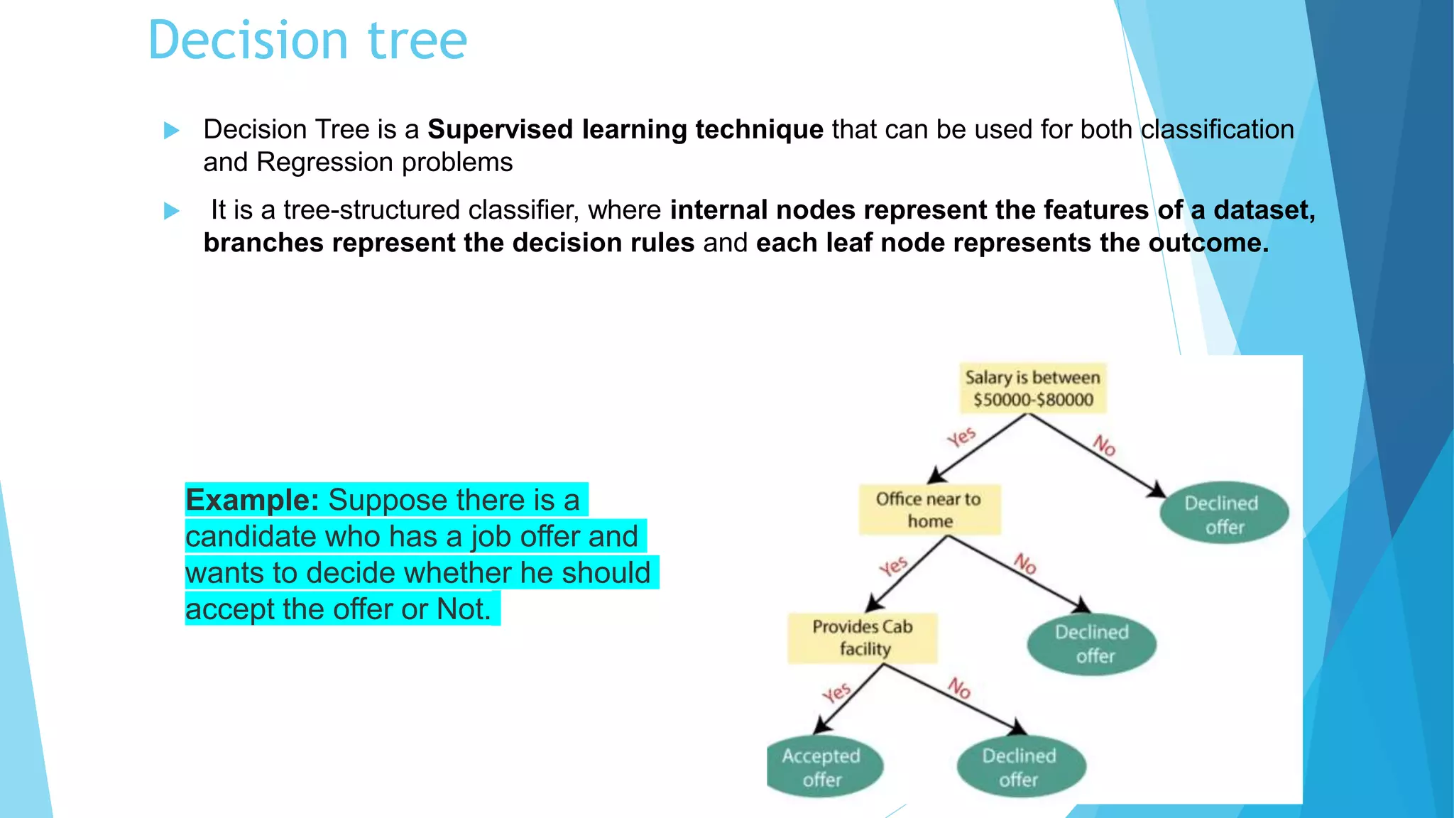 Decision tree
 Decision Tree is a Supervised learning technique that can be used for both classification
and Regression problems
 It is a tree-structured classifier, where internal nodes represent the features of a dataset,
branches represent the decision rules and each leaf node represents the outcome.
Example: Suppose there is a
candidate who has a job offer and
wants to decide whether he should
accept the offer or Not.
 
