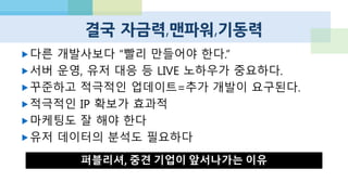 해외 업체가 카카오 게임하기에 큰 관심!
EA Mobile, Gameloft, Glu Mobile, Zynga, Kabam, Rovio,
The Tetris Company, King, Gloops (Nexon), TT Games,
GMO, 그 외 일본 및 중국계 회사 다수
컨텐츠량, 우수한 IP (아이언맨, 반지전쟁, 분노의 질주..)
물론 “문화의 차이“, “운영의 어려움” 있음
한국 게임 스타트업의 강력한 경쟁자
 