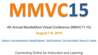 Connecting Online for Instruction and Learning
Syllabus | Live Presentations | Moodle Website | WizIQ Webinars | YouTube Playlist | #mmvc15 | Badge
4th Annual MoodleMoot Virtual Conference (MMVC11-15)
August 7-9, 2015
 